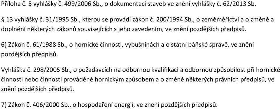 , o hornické činnosti, výbušninách a o státní báňské správě, ve znění pozdějších předpisů. Vyhláška č. 298/2005 Sb.