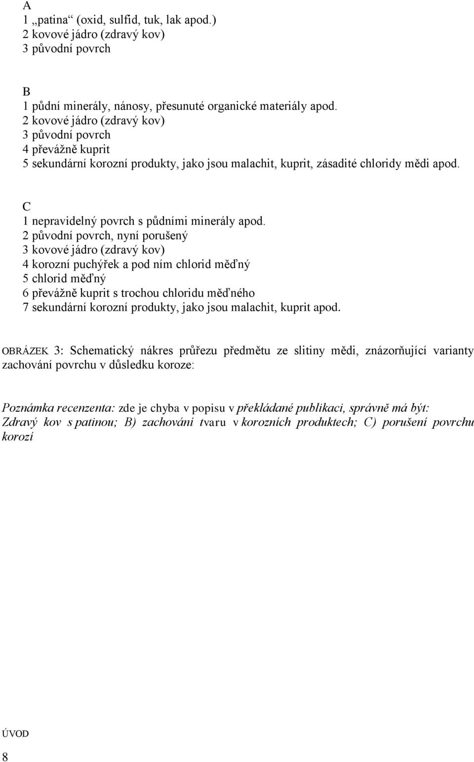 2 původní povrch, nyní porušený 3 kovové jádro (zdravý kov) 4 korozní puchýřek a pod ním chlorid měďný 5 chlorid měďný 6 převážně kuprit s trochou chloridu měďného 7 sekundární korozní produkty, jako