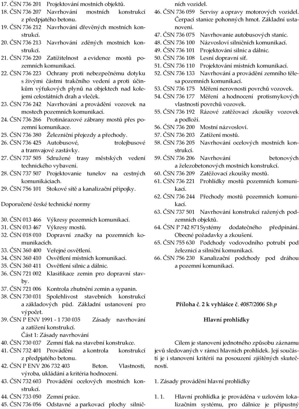 23. ČSN 736 242 Navrhování a provádění vozovek na mostech pozemních komunikací. 24. ČSN 736 266 Protinárazové zábrany mostů přes pozemní komunikace. 25. ČSN 736 380 Železniční přejezdy a přechody. 26. ČSN 736 425 Autobusové, trolejbusové a tramvajové zastávky.