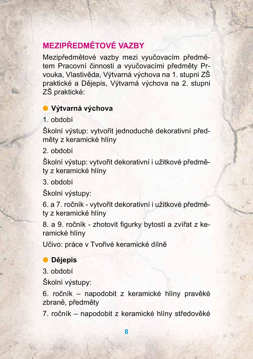 období Školní výstup: vytvořit dekorativní i užitkové předměty z keramické hlíny 3. období Školní výstupy: 6. a 7. ročník - vytvořit dekorativní i užitkové předměty z keramické hlíny 8. a 9.