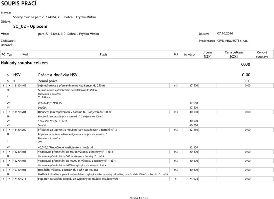 500 2 K 131201201 Hloubení jam zapažených v hornině tř. 3 objemu do 100 m3 m3 40.500 0.00 Hloubení jam zapažených v hornině tř. 3 objemu do 100 m3 VV 1*0,75*0,75*(22+8+37+5) 40.500 VV Součet 40.