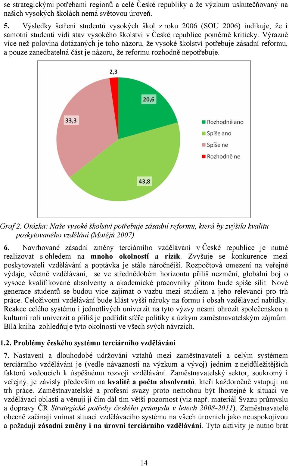 Výrazně více než polovina dotázaných je toho názoru, že vysoké školství potřebuje zásadní reformu, a pouze zanedbatelná část je názoru, že reformu rozhodně nepotřebuje. Graf 2.