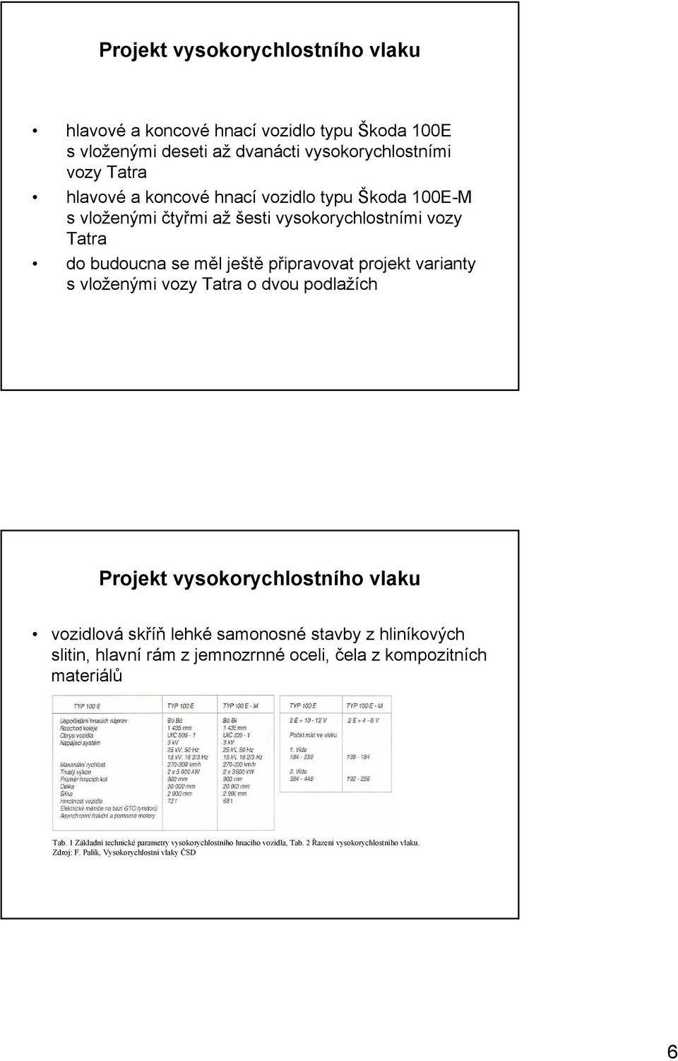 s vloženými vozy Tatra o dvou podlažích Projekt vysokorychlostního vlaku vozidlová skříň lehké samonosné stavby z hliníkových slitin, hlavní rám z