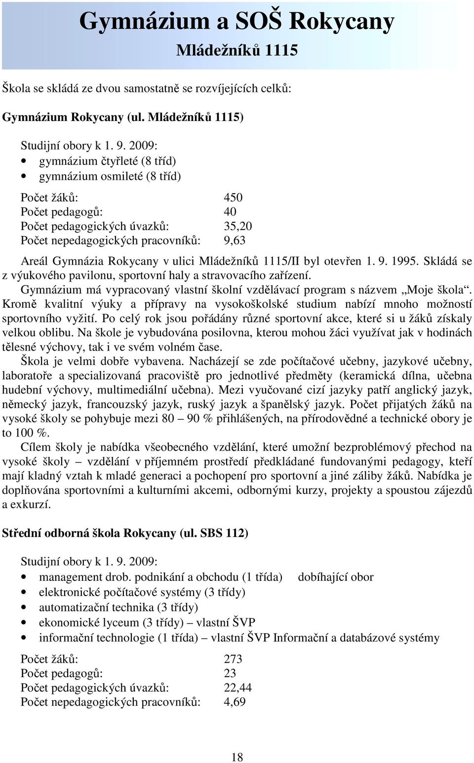 ulici Mládežníků 1115/II byl otevřen 1. 9. 1995. Skládá se z výukového pavilonu, sportovní haly a stravovacího zařízení. Gymnázium má vypracovaný vlastní školní vzdělávací program s názvem Moje škola.