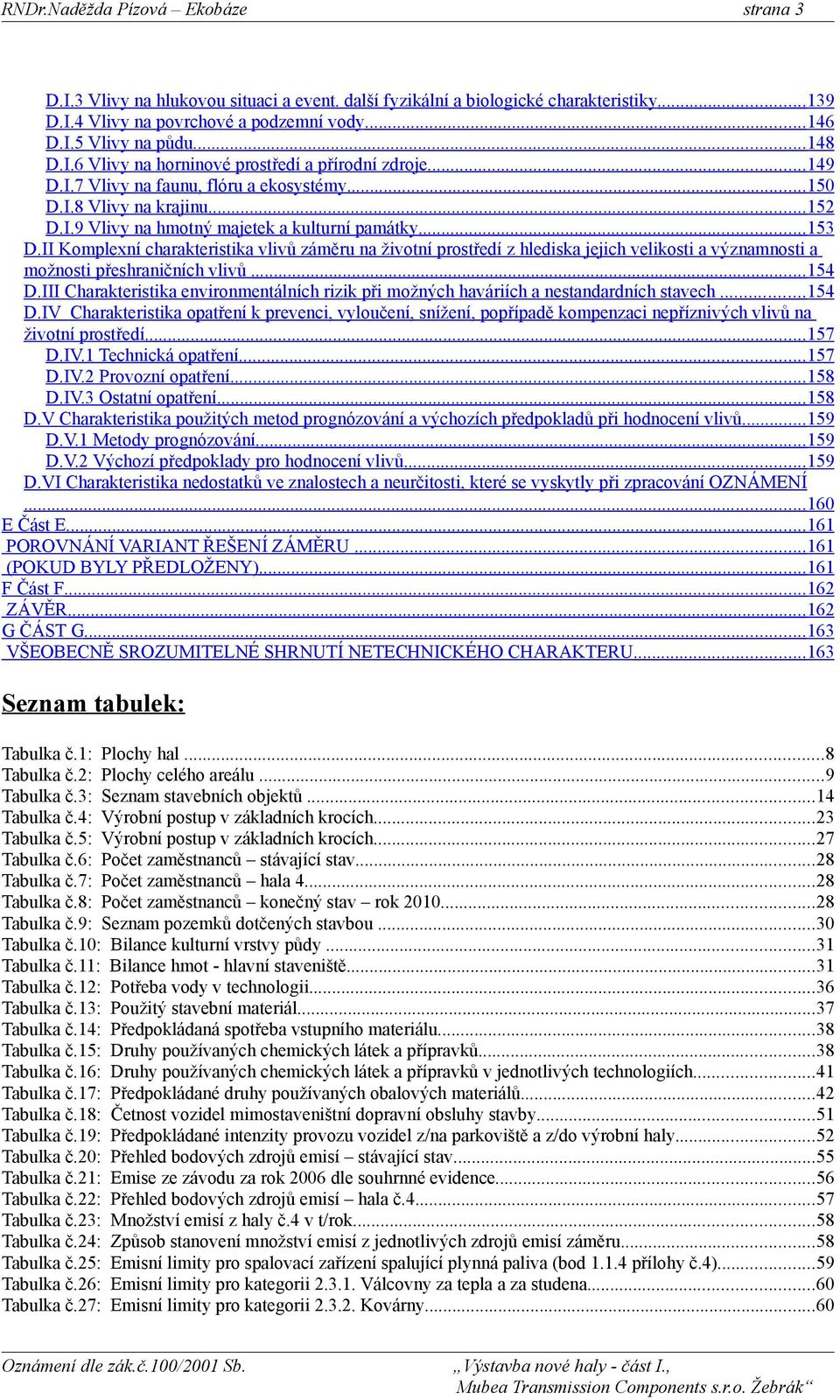 II Komplexní charakteristika vlivů záměru na životní prostředí z hlediska jejich velikosti a významnosti a možnosti přeshraničních vlivů...154 D.