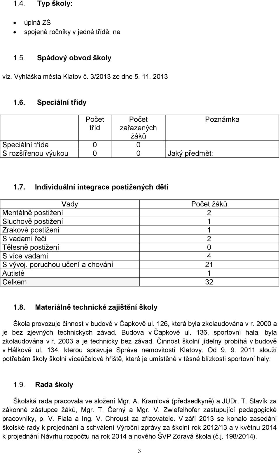 Individuální integrace postižených dětí Vady Počet žáků Mentálně postižení 2 Sluchově postižení 1 Zrakově postižení 1 S vadami řeči 2 Tělesně postižení 0 S více vadami 4 S vývoj.