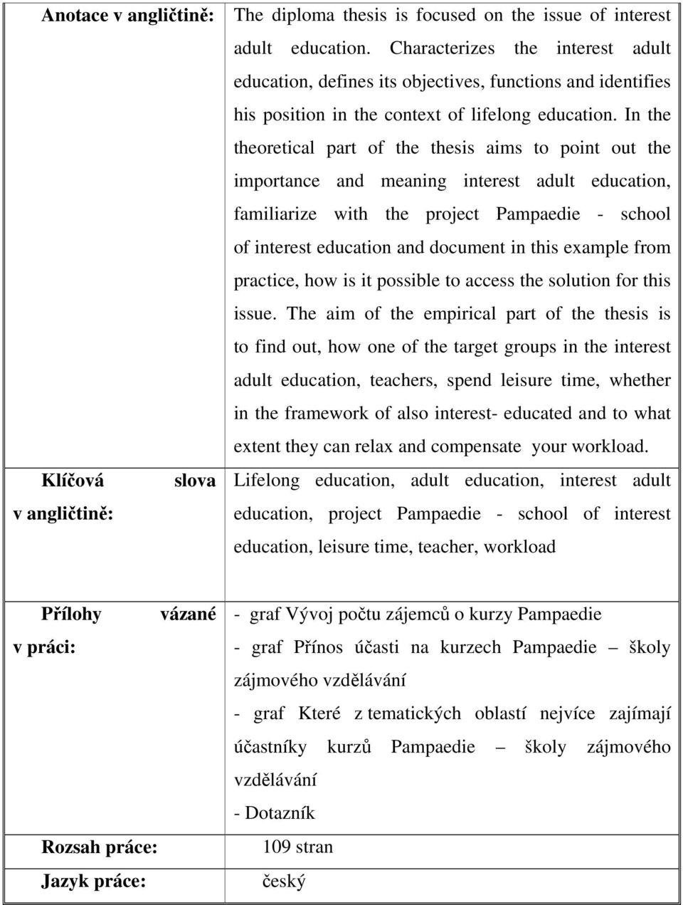 In the theoretical part of the thesis aims to point out the importance and meaning interest adult education, familiarize with the project Pampaedie - school of interest education and document in this