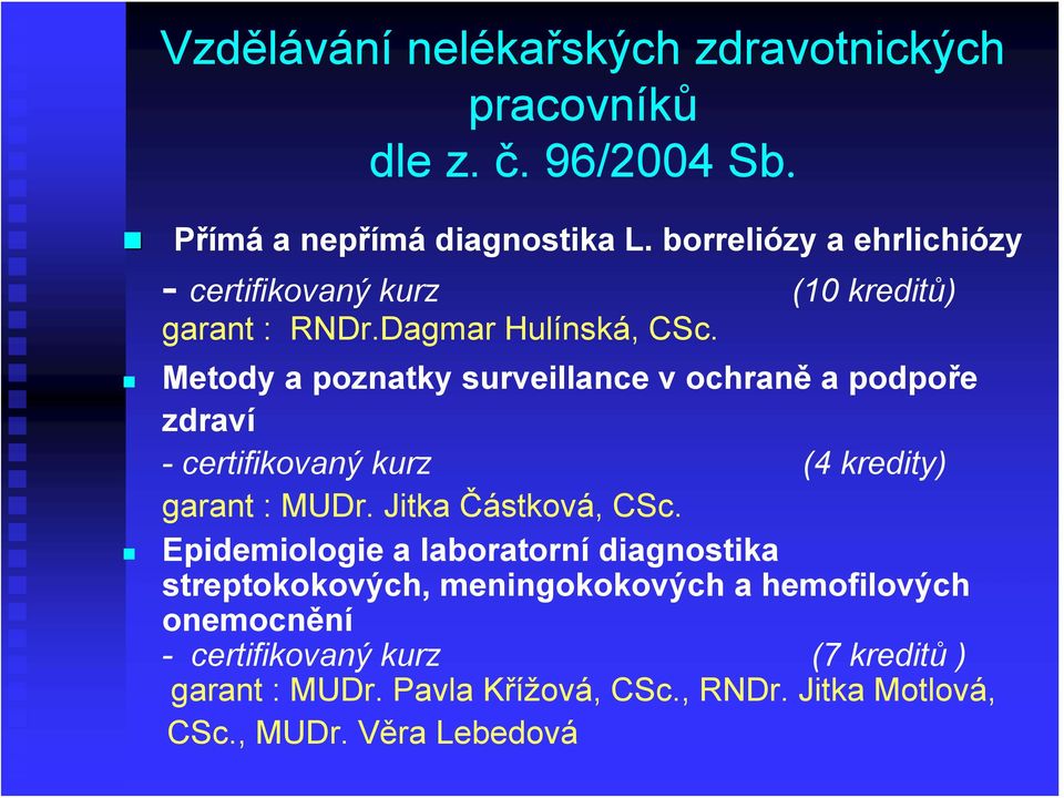 Metody a poznatky surveillance v ochraně a podpoře zdraví - certifikovaný kurz (4 kredity) garant : MUDr. Jitka Částková, CSc.