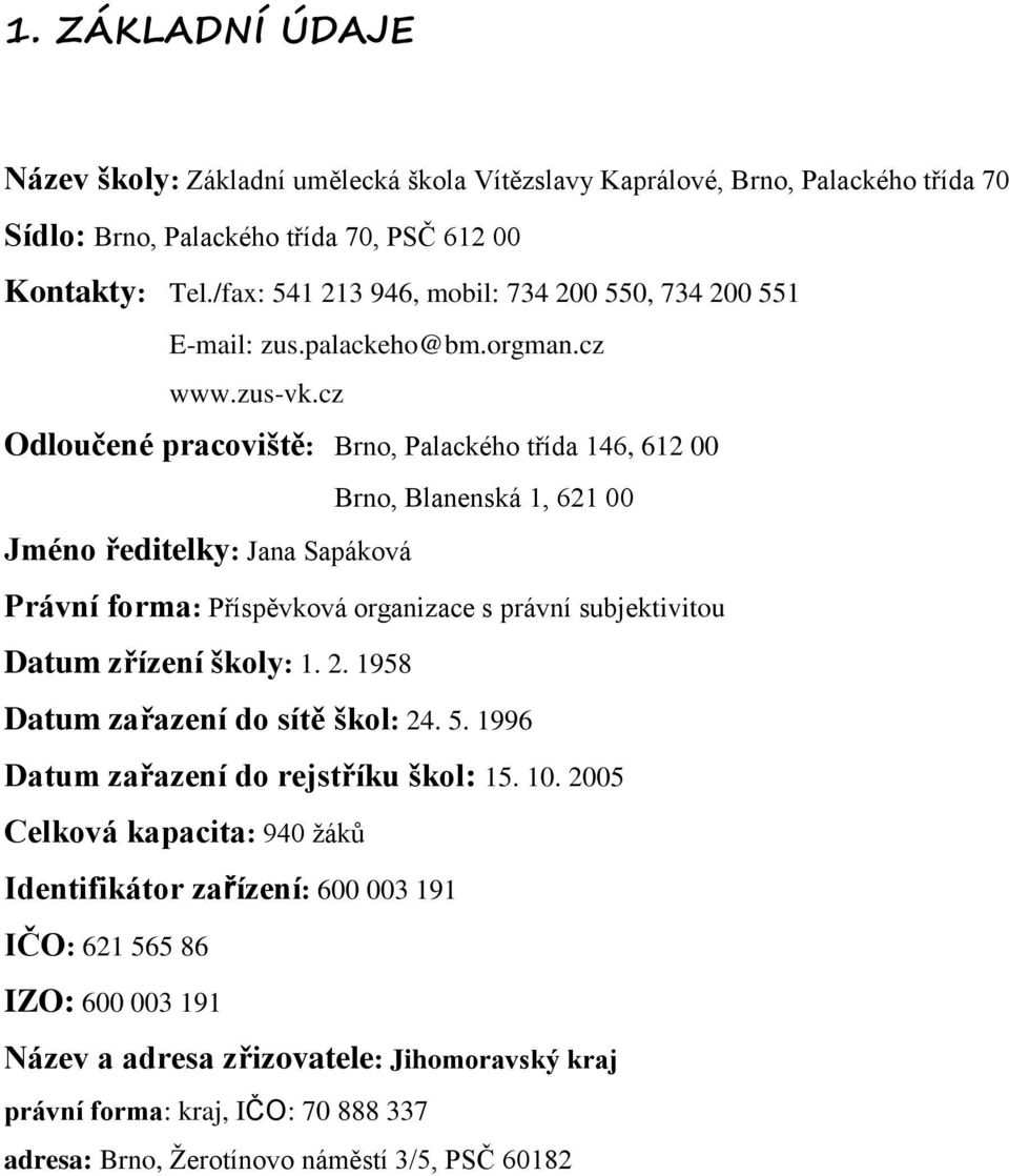 cz Odloučené pracoviště: Brno, Palackého třída 146, 612 00 Brno, Blanenská 1, 621 00 Jméno ředitelky: Jana Sapáková Právní forma: Příspěvková organizace s právní subjektivitou Datum zřízení