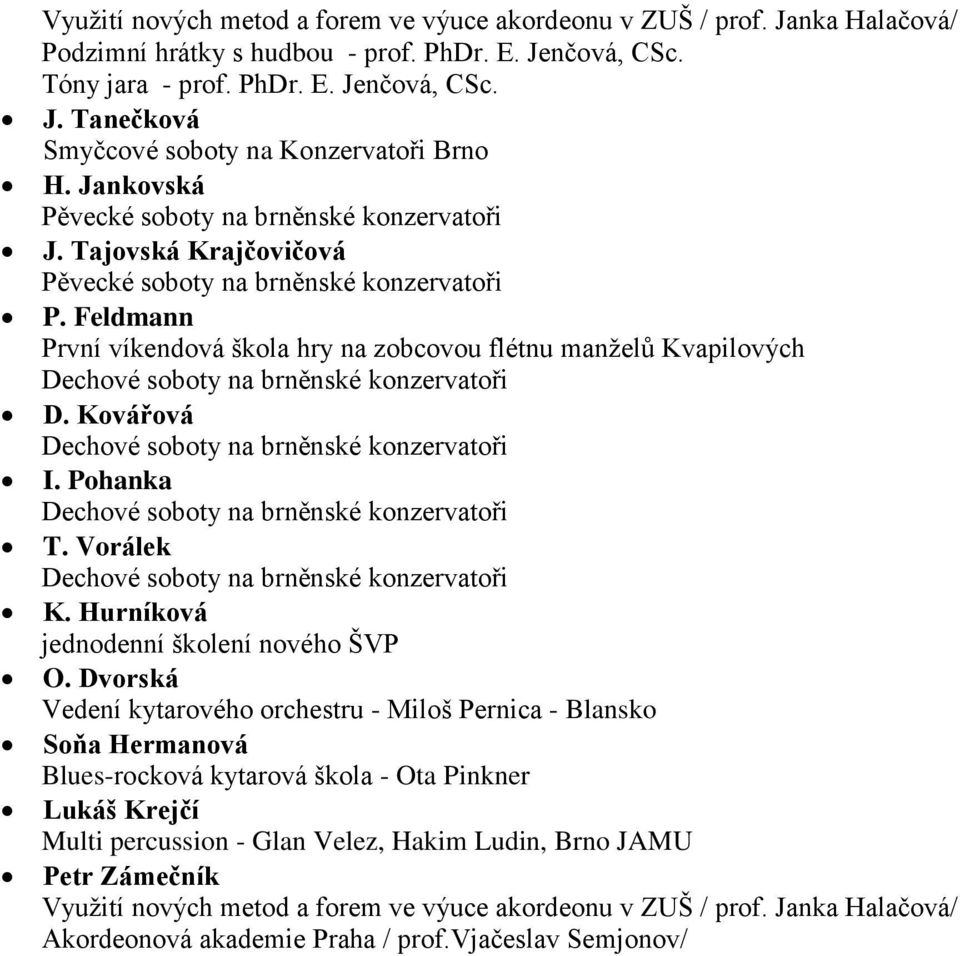 Feldmann První víkendová škola hry na zobcovou flétnu manželů Kvapilových Dechové soboty na brněnské konzervatoři D. Kovářová Dechové soboty na brněnské konzervatoři I.