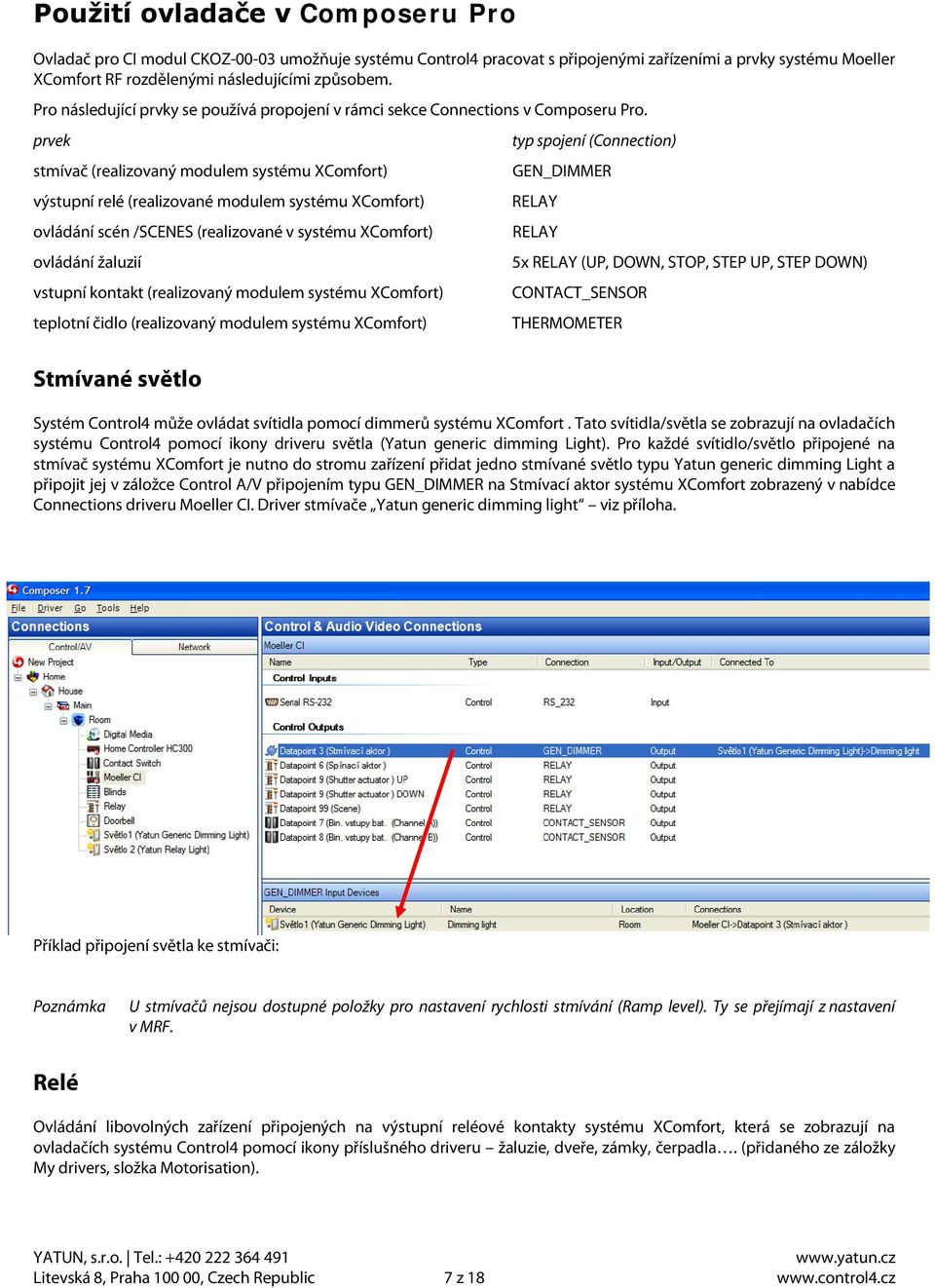 prvek stmívač (realizovaný modulem systému XComfort) výstupní relé (realizované modulem systému XComfort) ovládání scén /SCENES (realizované v systému XComfort) ovládání žaluzií vstupní kontakt