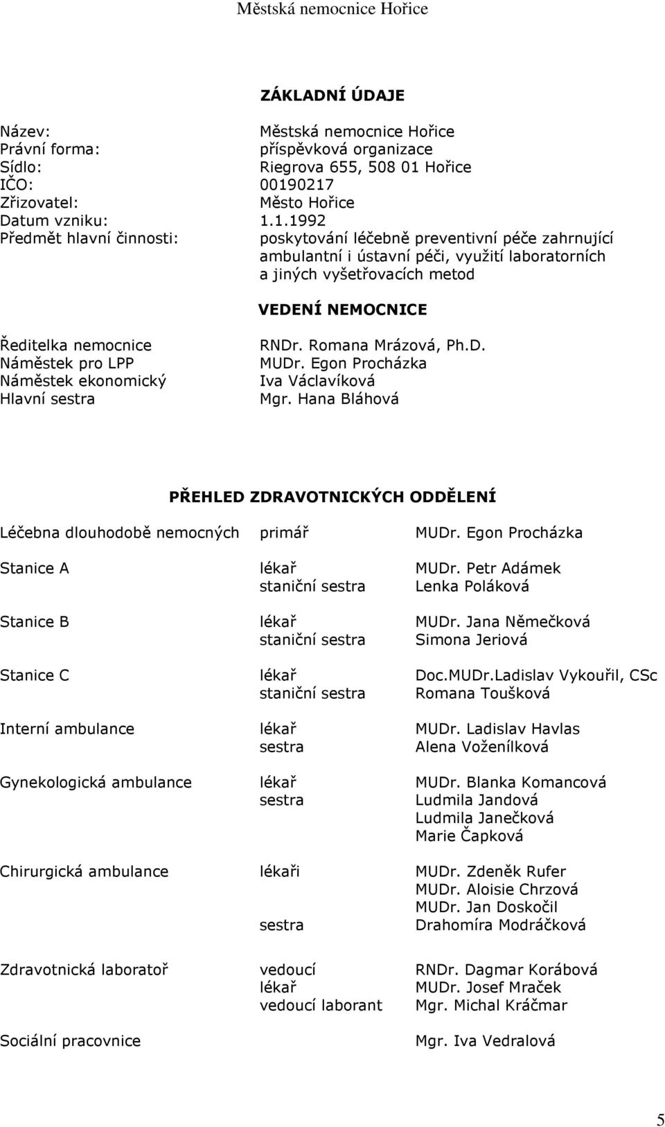 0217 Zřizovatel: Město Hořice Datum vzniku: 1.1.1992 Předmět hlavní činnosti: poskytování léčebně preventivní péče zahrnující ambulantní i ústavní péči, využití laboratorních a jiných vyšetřovacích