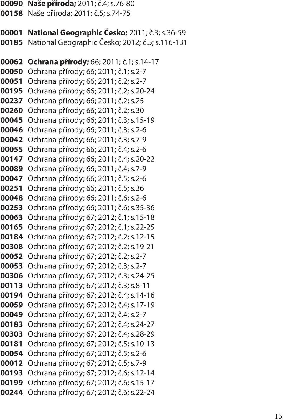 2; s.30 00045 Ochrana přírody; 66; 2011; č.3; s.15-19 00046 Ochrana přírody; 66; 2011; č.3; s.2-6 00042 Ochrana přírody; 66; 2011; č.3; s.7-9 00055 Ochrana přírody; 66; 2011; č.4; s.