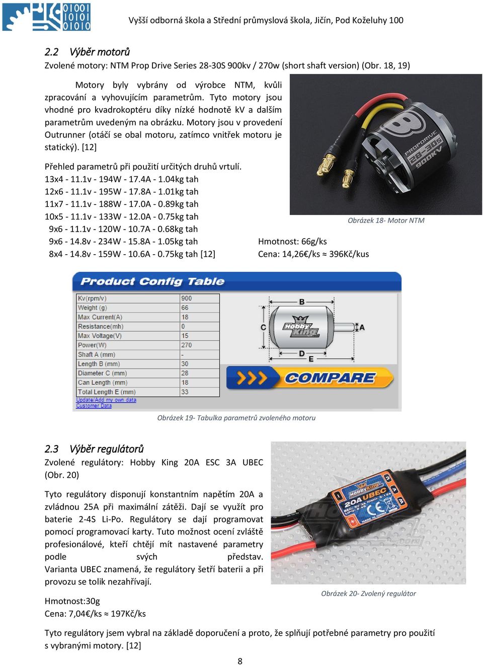 [12] Přehled parametrů při použití určitých druhů vrtulí. 13x4-11.1v - 194W - 17.4A - 1.04kg tah 12x6-11.1v - 195W - 17.8A - 1.01kg tah 11x7-11.1v - 188W - 17.0A - 0.89kg tah 10x5-11.1v - 133W - 12.