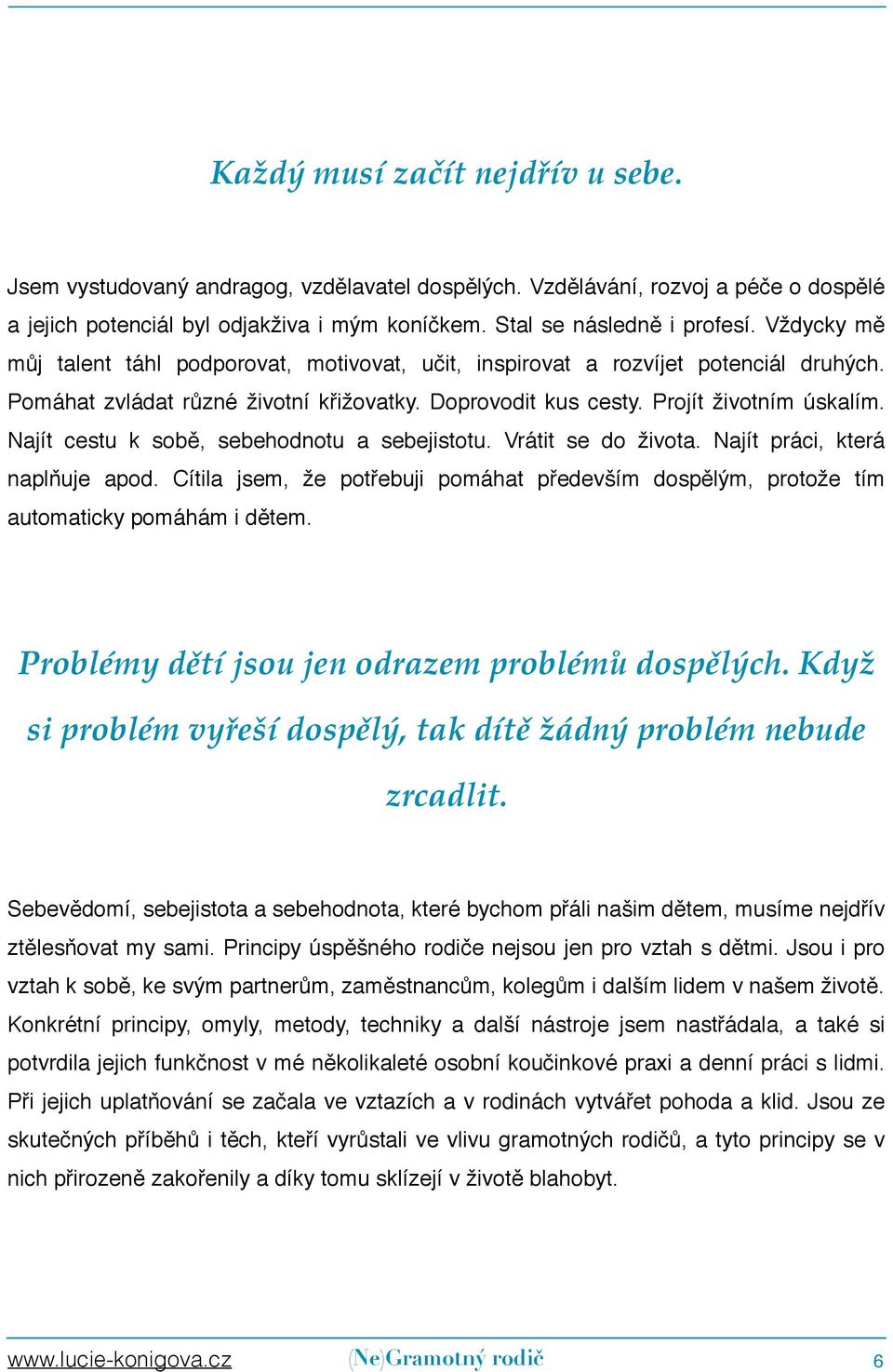 Najít cestu k sobě, sebehodnotu a sebejistotu. Vrátit se do života. Najít práci, která naplňuje apod. Cítila jsem, že potřebuji pomáhat především dospělým, protože tím automaticky pomáhám i dětem.