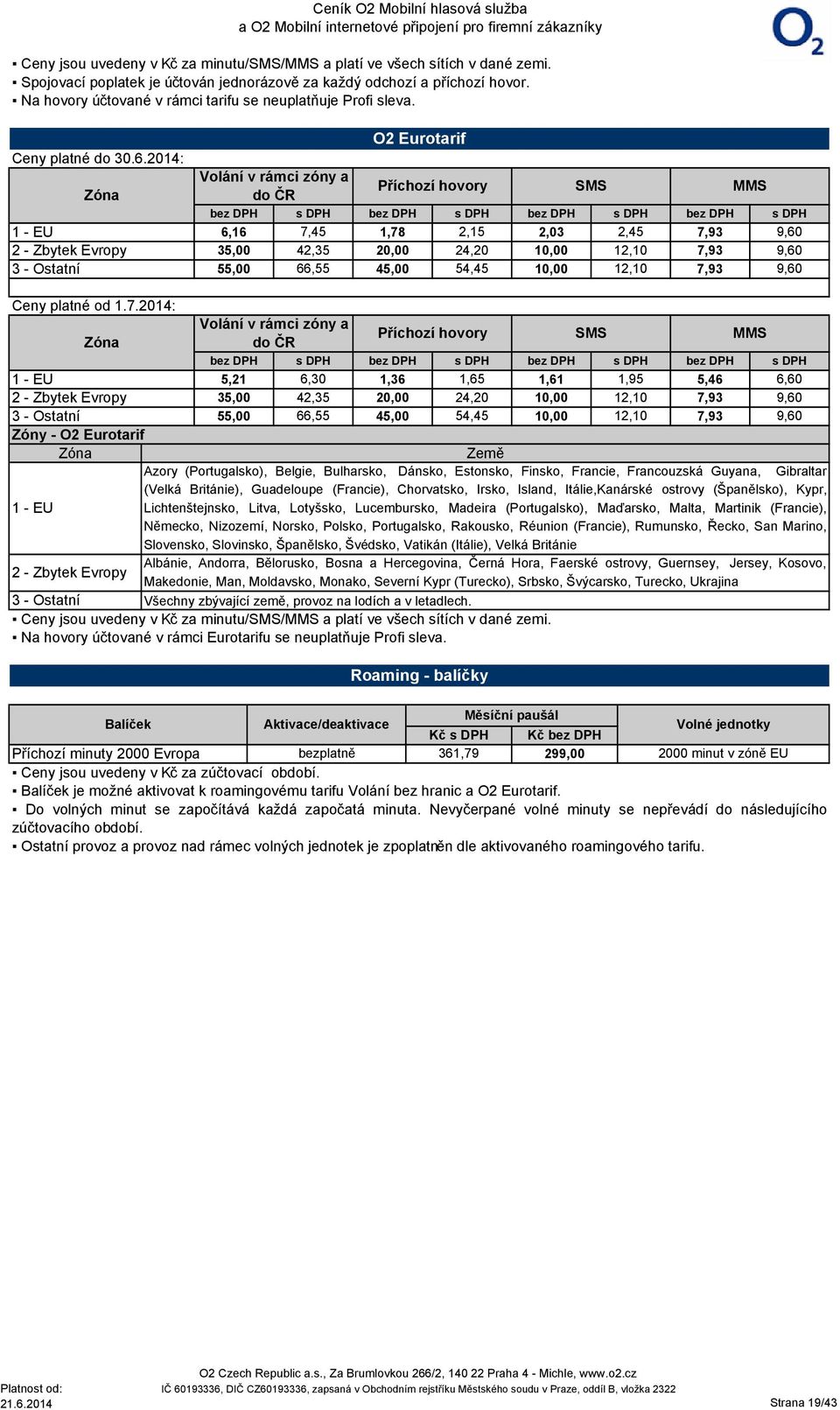2014: Volání v rámci zóny a Zóna do ČR Příchozí hovory SMS MMS 1 - EU 6,16 7,45 1,78 2,15 2,03 2,45 7,93 9,60 2 - Zbytek Evropy 35,00 42,35 2 24,20 1 12,10 7,93 9,60 3 - Ostatní 55,00 66,55 45,00