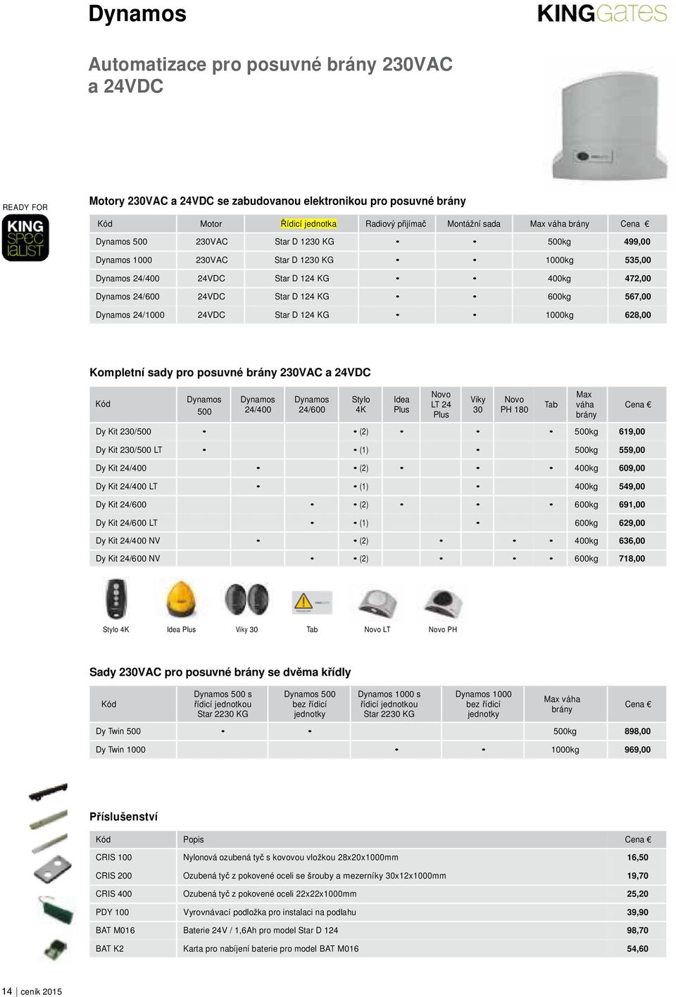 567,00 Dynamos 24/1000 24VDC Star D 124 KG 1000kg 628,00 Kompletní sady pro posuvné brány 230VAC a 24VDC Kód Dynamos 500 Dynamos 24/400 Dynamos 24/600 Stylo 4K Idea Plus Novo LT 24 Plus Viky 30 Novo