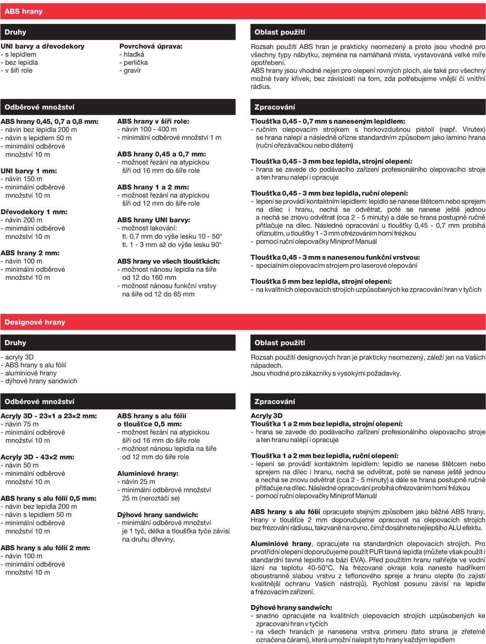ABS hrany 0,45, 0,7 a 0,8 mm: - návin bez lepidla 200 m - návin s lepidlem 50 m UNI barvy 1 mm: - návin 150 m Dřevodekory 1 mm: ABS hrany 2 mm: - návin 100 m ABS hrany v šíři role: - návin 100-400 m