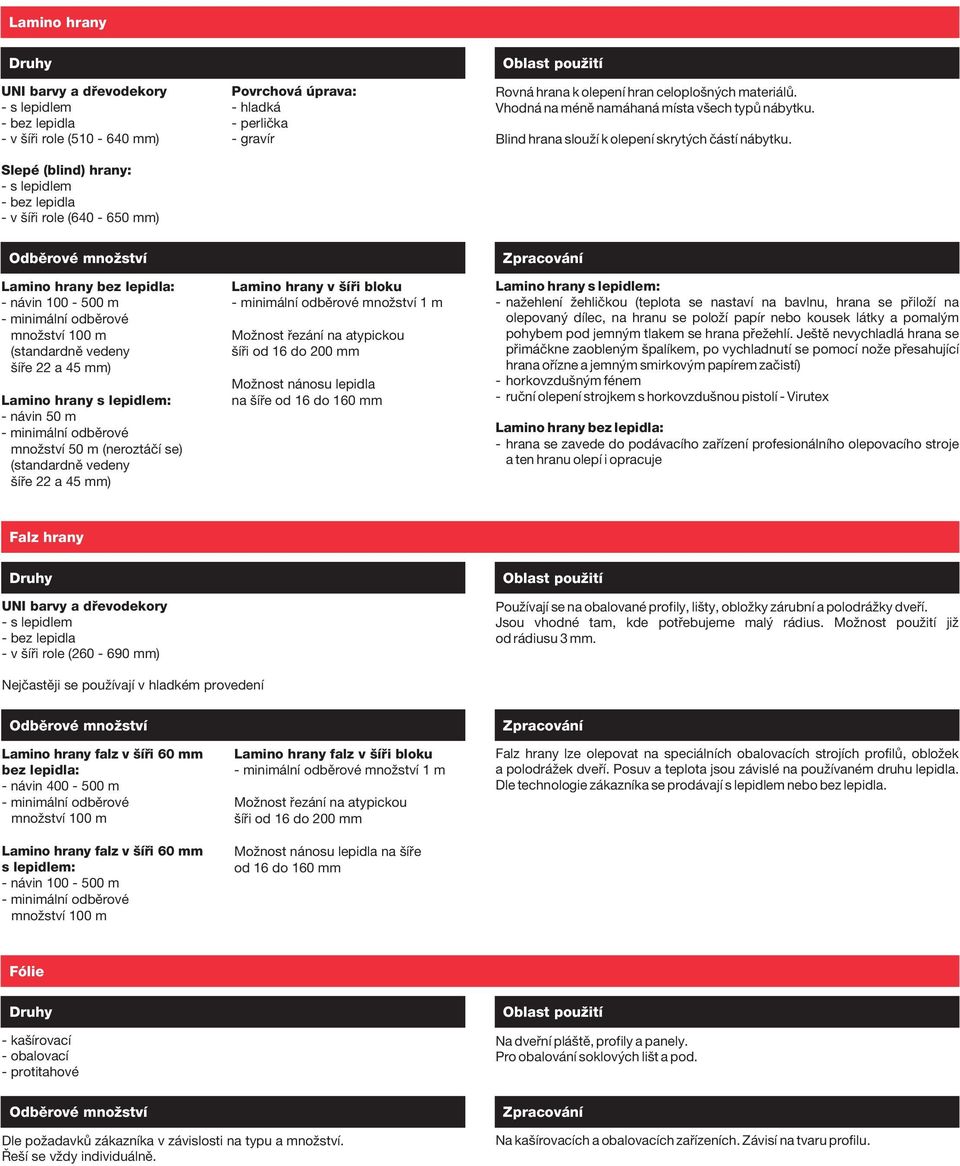 Lamino hrany bez lepidla: - návin 100-500 m (standardně vedeny šíře 22 a 45 mm) Lamino hrany s lepidlem: (standardně vedeny šíře 22 a 45 mm) Lamino hrany v šíři bloku množství 1 m Možnost řezání na