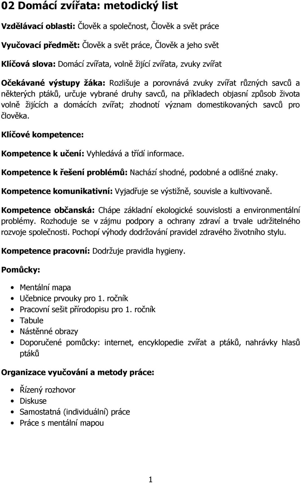 domácích zvířat; zhodnotí význam domestikovaných savců pro člověka. Klíčové kompetence: Kompetence k učení: Vyhledává a třídí informace.