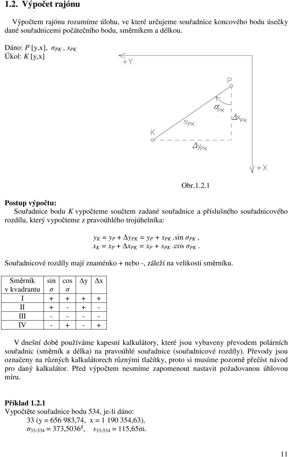 .1 Postup výpočtu: Souřadnice bodu K vypočteme součtem zadané souřadnice a příslušného souřadnicového rozdílu, který vypočteme z pravoúhlého trojúhelníka: y K = y P + y PK = y P + s PK.