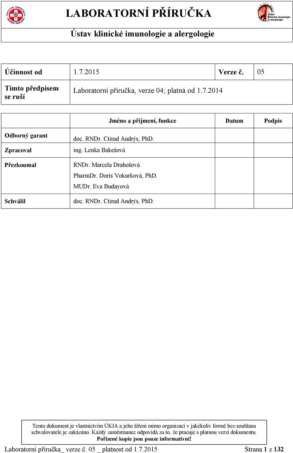 2014 Jméno a příjmení, funkce Datum Podpis Odborný garant Zpracoval Přezkoumal Schválil doc. RNDr. Ctirad Andrýs, PhD.