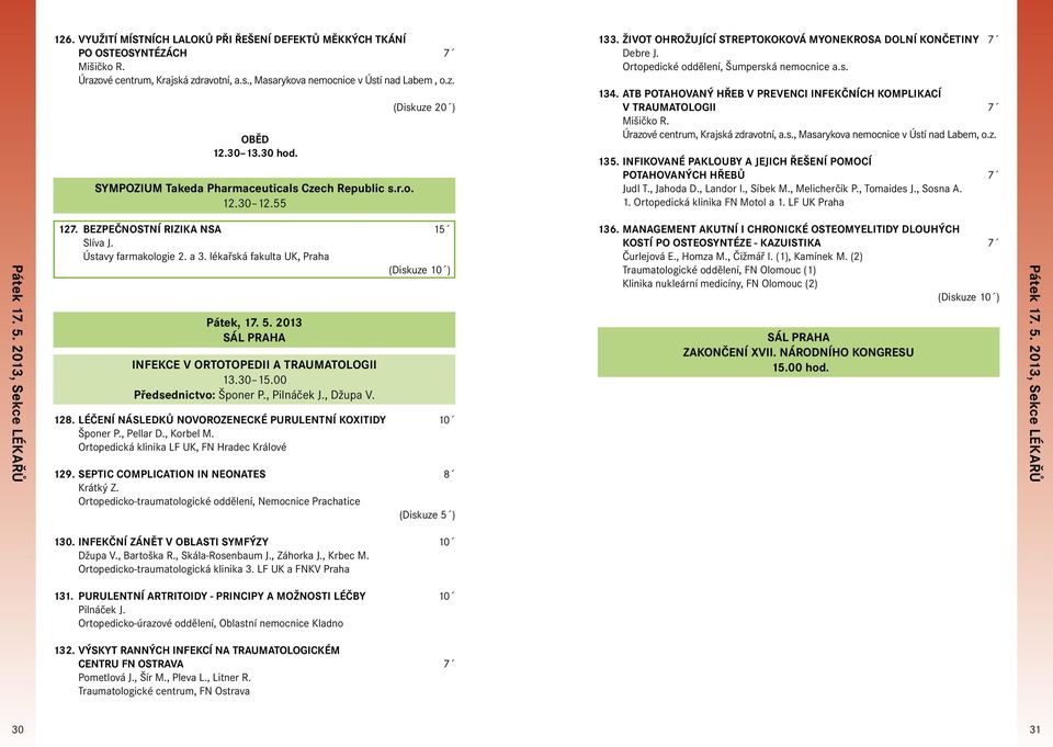 s. 134. ATB potahovaný hřeb v prevenci infekčních komplikací v traumatologii 7 Mišičko R. Úrazové centrum, Krajská zdravotní, a.s., Masarykova nemocnice v Ústí nad Labem, o.z. 135.