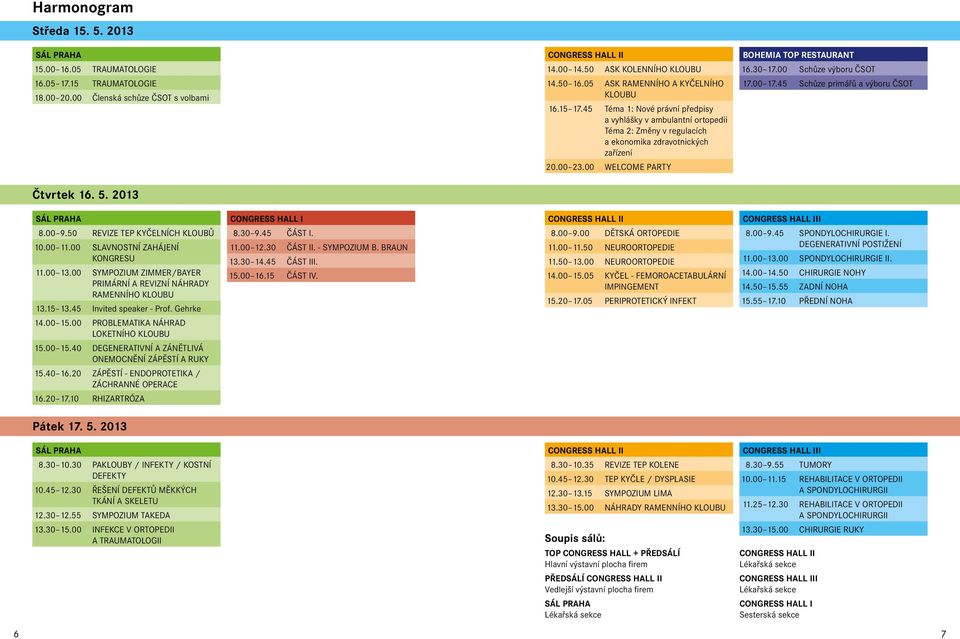 45 Téma 1: Nové právní předpisy a vyhlášky v ambulantní ortopedii Téma 2: Změny v regulacích a ekonomika zdravotnických zařízení 17.00 17.45 Schůze primářů a výboru ČSOT 20.00 23.