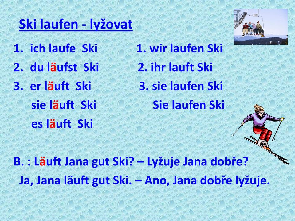 sie laufen Ski sie läuft Ski Sie laufen Ski es läuft Ski B.