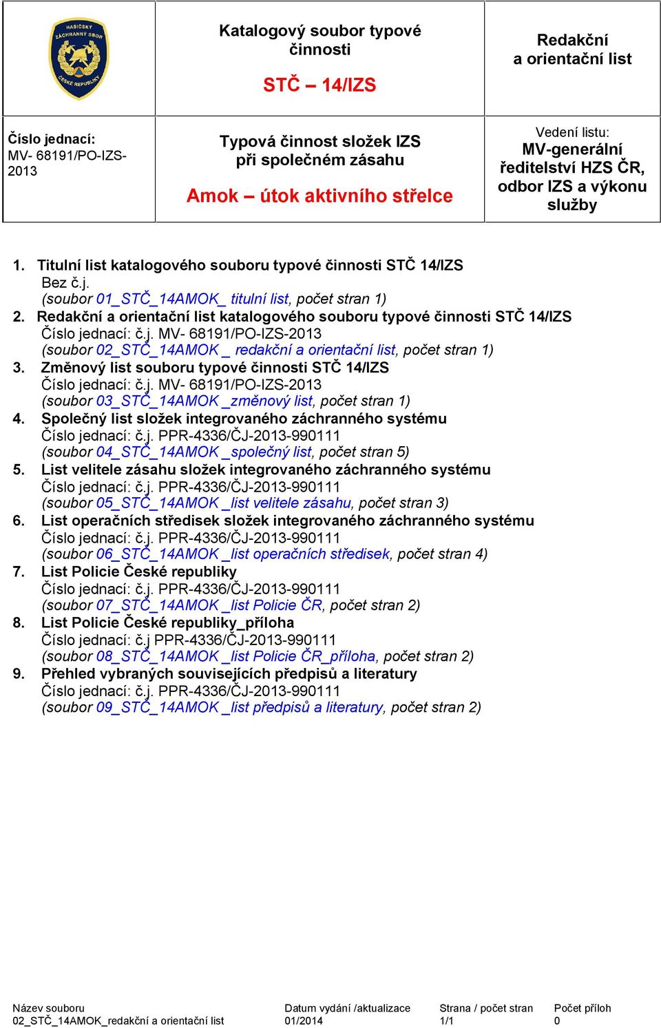 Redakční a orientační list katalogového souboru typové činnosti STČ 14/IZS Číslo jednací: č.j. MV- 68191/PO-IZS-2013 (soubor 02_STČ_14AMOK _ redakční a orientační list, počet stran 1) 3.