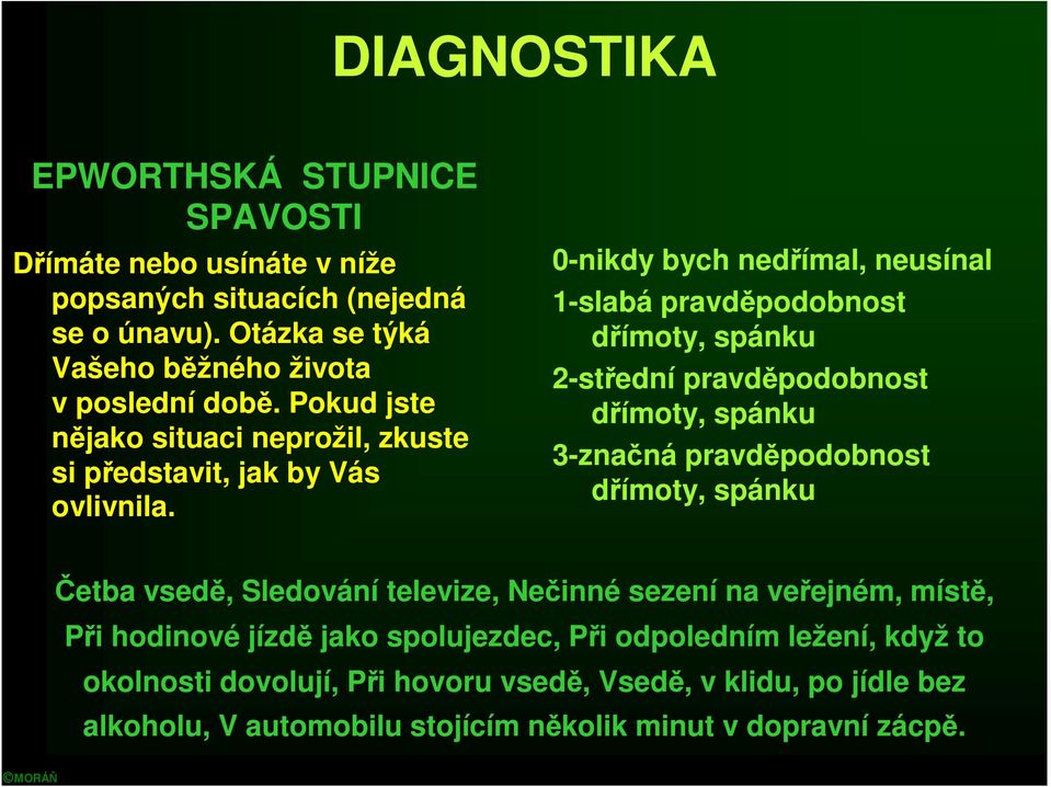 0-nikdy bych nedřímal, neusínal 1-slabá pravděpodobnost dřímoty, spánku 2-střední pravděpodobnost dřímoty, spánku 3-značná pravděpodobnost dřímoty, spánku Četba