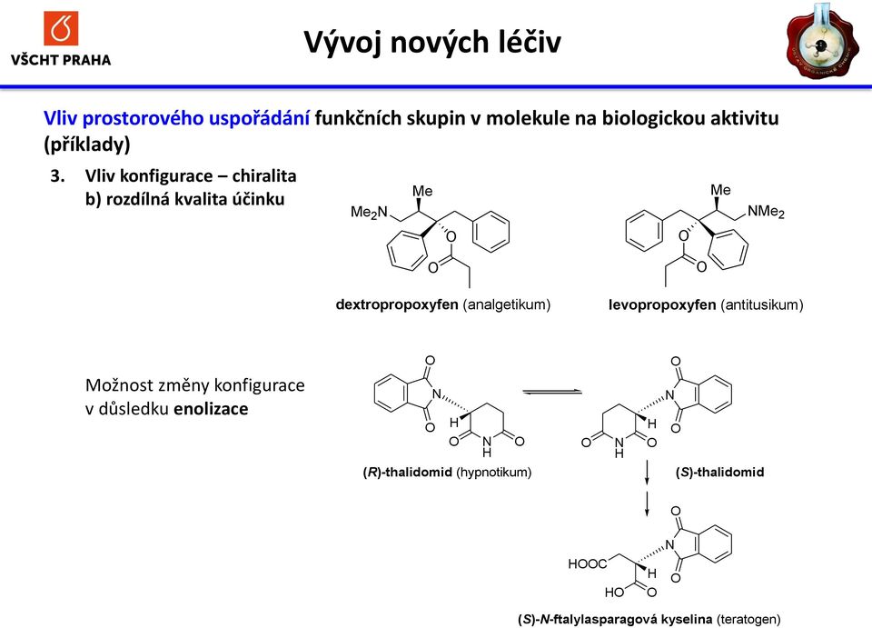 Vliv konfigurace chiralita b) rozdílná kvalita účinku Me 2 N Me Me NMe 2 dextropropoxyfen