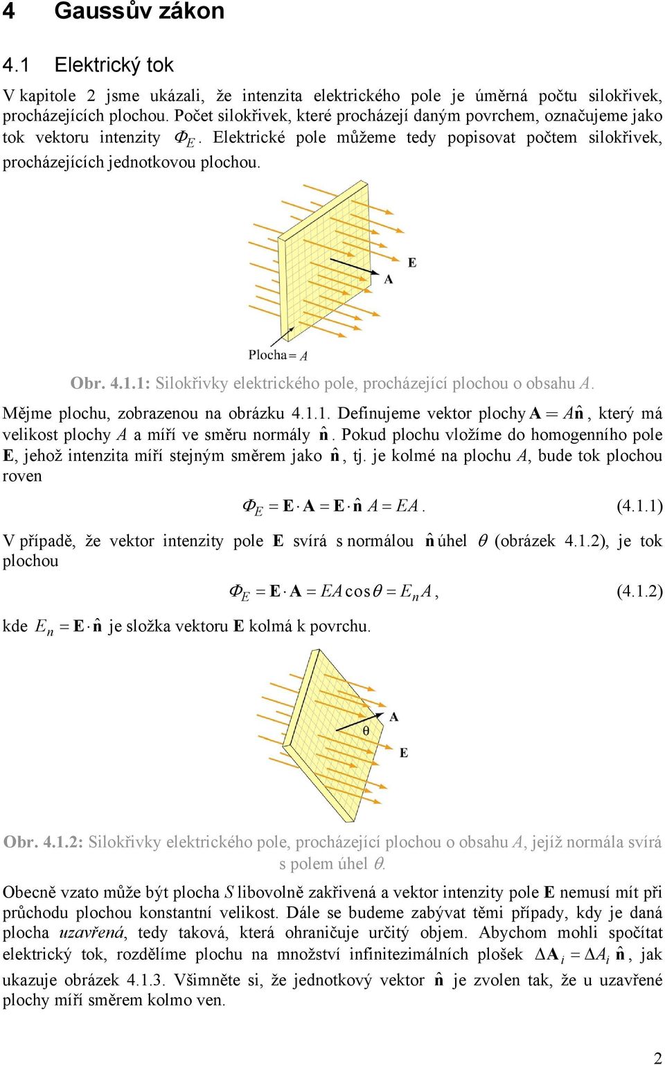 1: Silokřivky elektrického pole, procházející plochou o obsahu A. Mějme plochu, zobrazenou na obrázku 4.1.1. Definujeme vektor plochy A= An, ˆ který má velikost plochy A a míří ve směru normály ˆn.