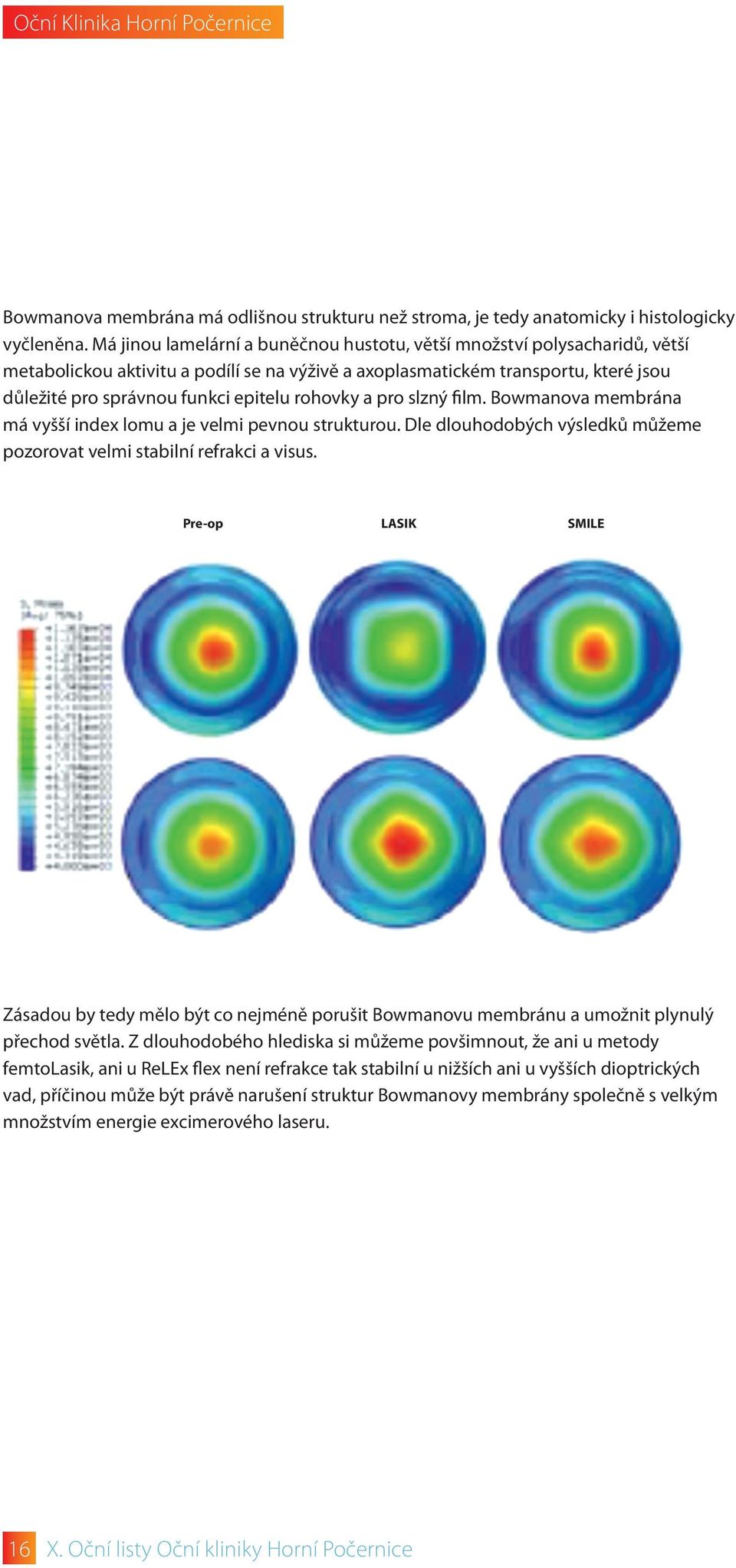 rohovky a pro slzný film. Bowmanova membrána má vyšší index lomu a je velmi pevnou strukturou. Dle dlouhodobých výsledků můžeme pozorovat velmi stabilní refrakci a visus.