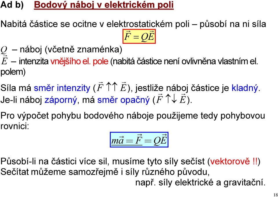 polem) Síla má smě intenzity ( F E ), jestliže náboj částice je kladný. Je-li náboj záponý, má smě opačný ( F E ).