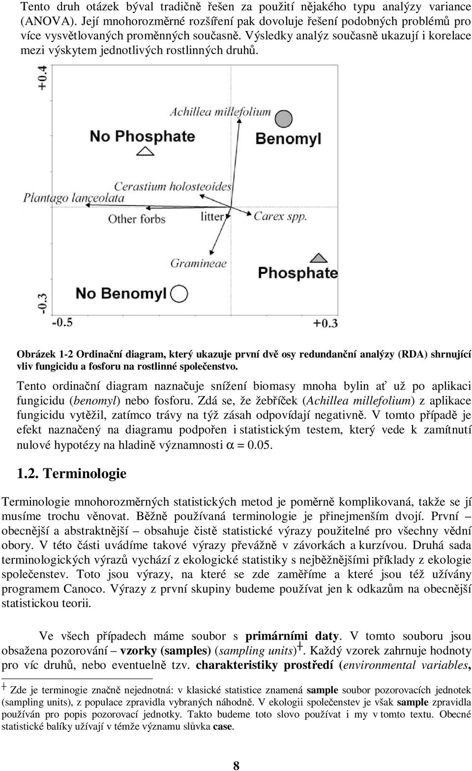 Obrázek 1-2 Ordinační diagram, který ukazuje první dvě osy redundanční analýzy (RDA) shrnující vliv fungicidu a fosforu na rostlinné společenstvo.