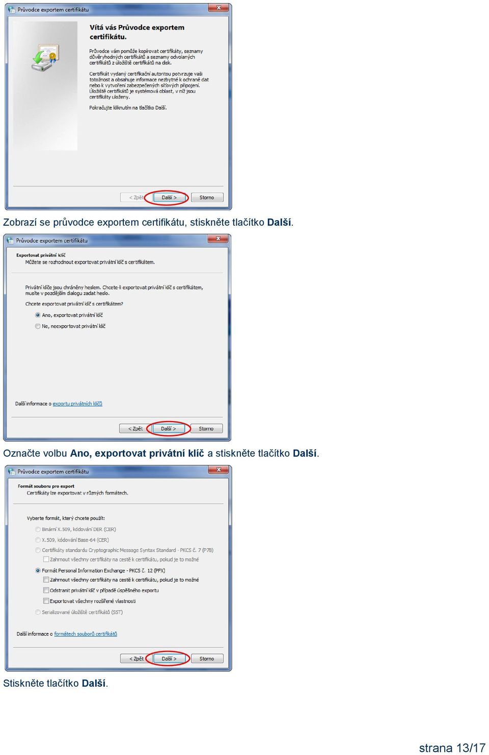 Označte volbu Ano, exportovat privátní klíč