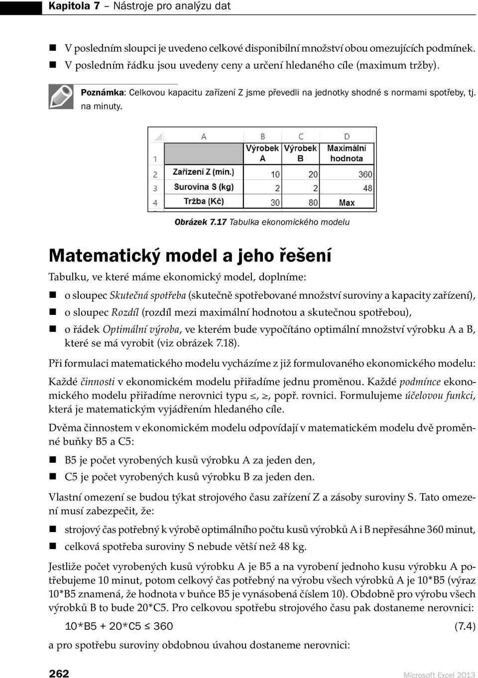 17 Tabulka ekonomického modelu Matematický model a jeho řešení Tabulku, ve které máme ekonomický model, doplníme: o sloupec Skutečná spotřeba (skutečně spotřebované množství suroviny a kapacity