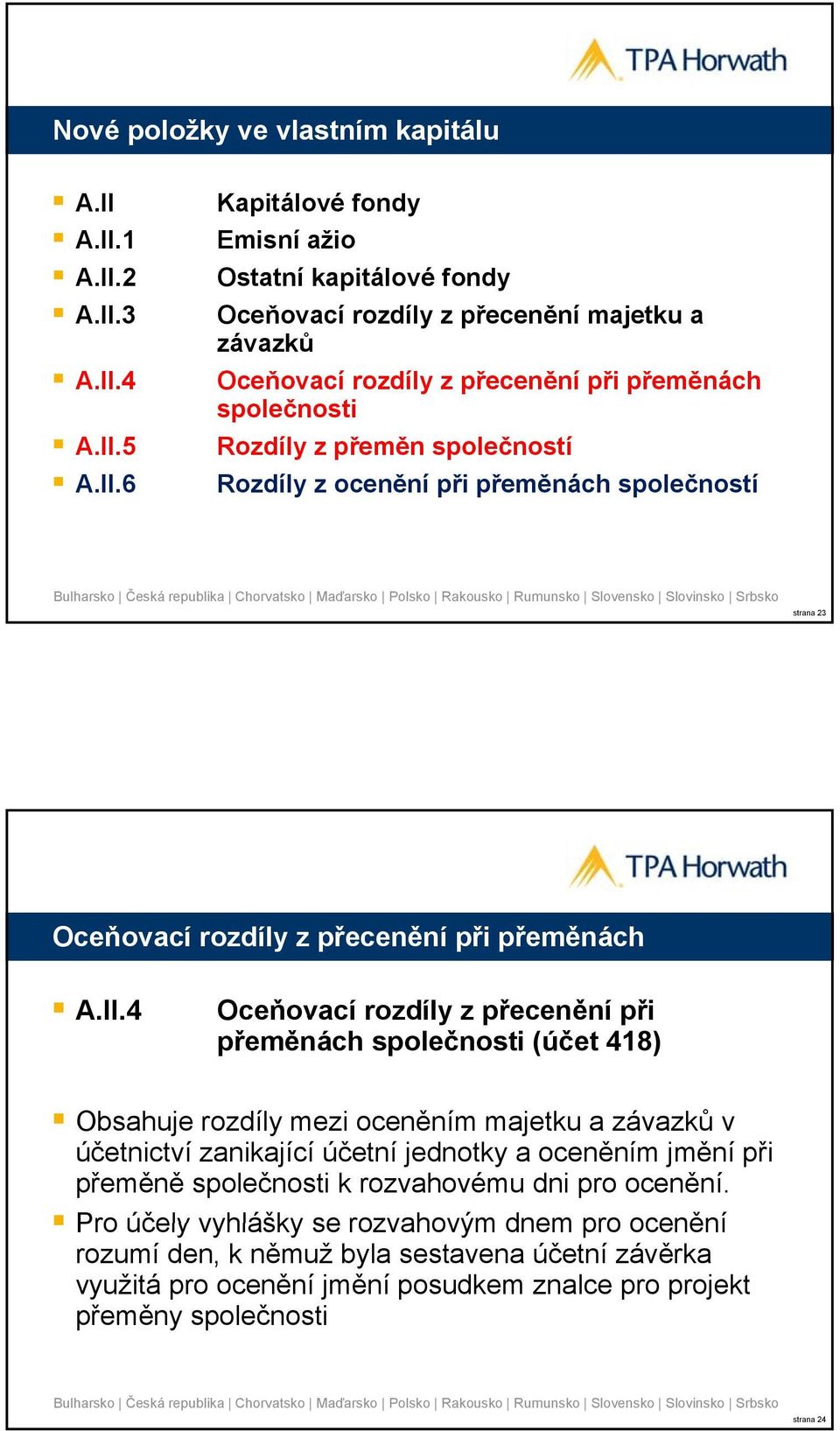 společnosti Rozdíly z přeměn společností Rozdíly z ocenění při přeměnách společností strana 23 Oceňovací rozdíly z přecenění při přeměnách A.II.