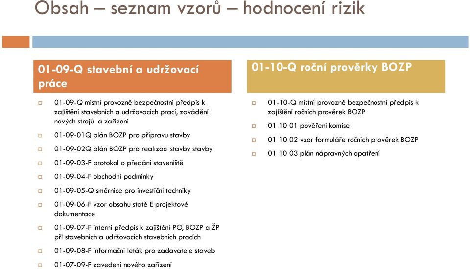 ročních prověrek BOZP 01-09-02Q plán BOZP pro realizaci stavby stavby 01 10 03 plán nápravných opatření 01-09-03-F protokol o předání staveniště 01-09-04-F obchodní podmínky 01-09-05-Q 09 05 směrnice