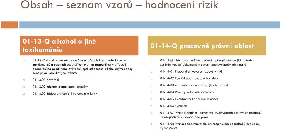 ovlivnění jejich schopností alkoholickými nápoji nebo jinými návykovými látkami 01-14-01 Pracovní smlouva a mzdový výměr 01.13.