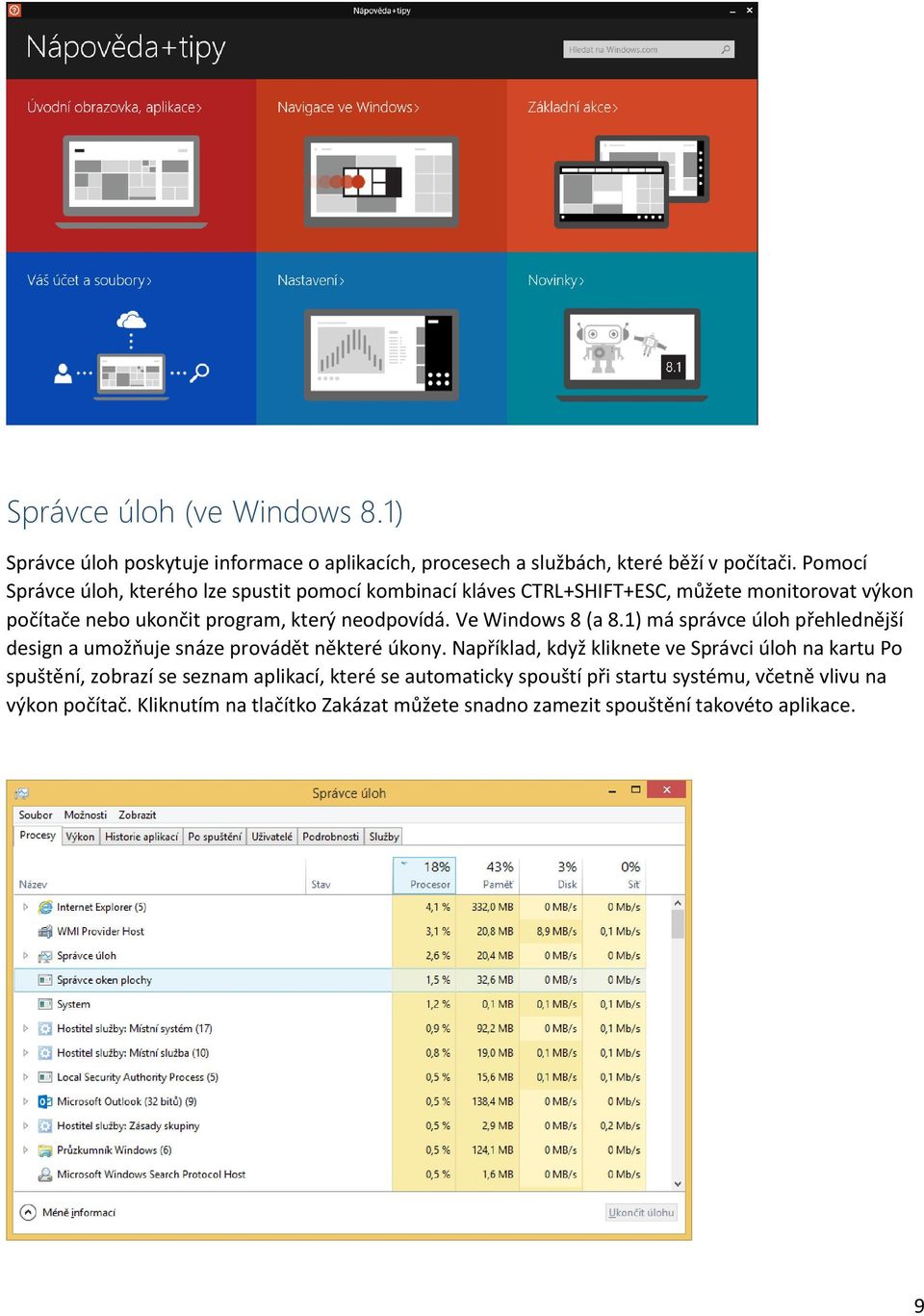 Ve Windows 8 (a 8.1) má správce úloh přehlednější design a umožňuje snáze provádět některé úkony.