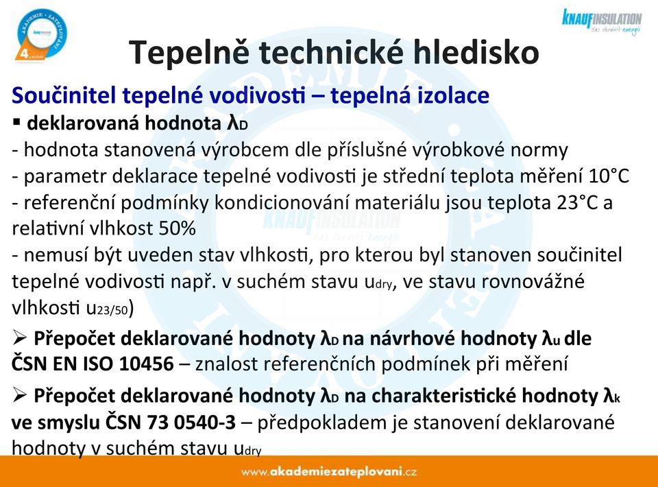 kondicionování materiálu jsou teplota 23 C a relahvní vlhkost 50% - nemusí být uveden stav vlhkosh, pro kterou byl stanoven součinitel tepelné vodivosh např.
