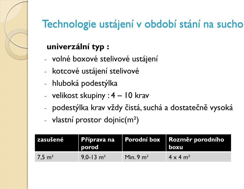 - podestýlka krav vţdy čistá, suchá a dostatečně vysoká - vlastní prostor dojnic(m²)