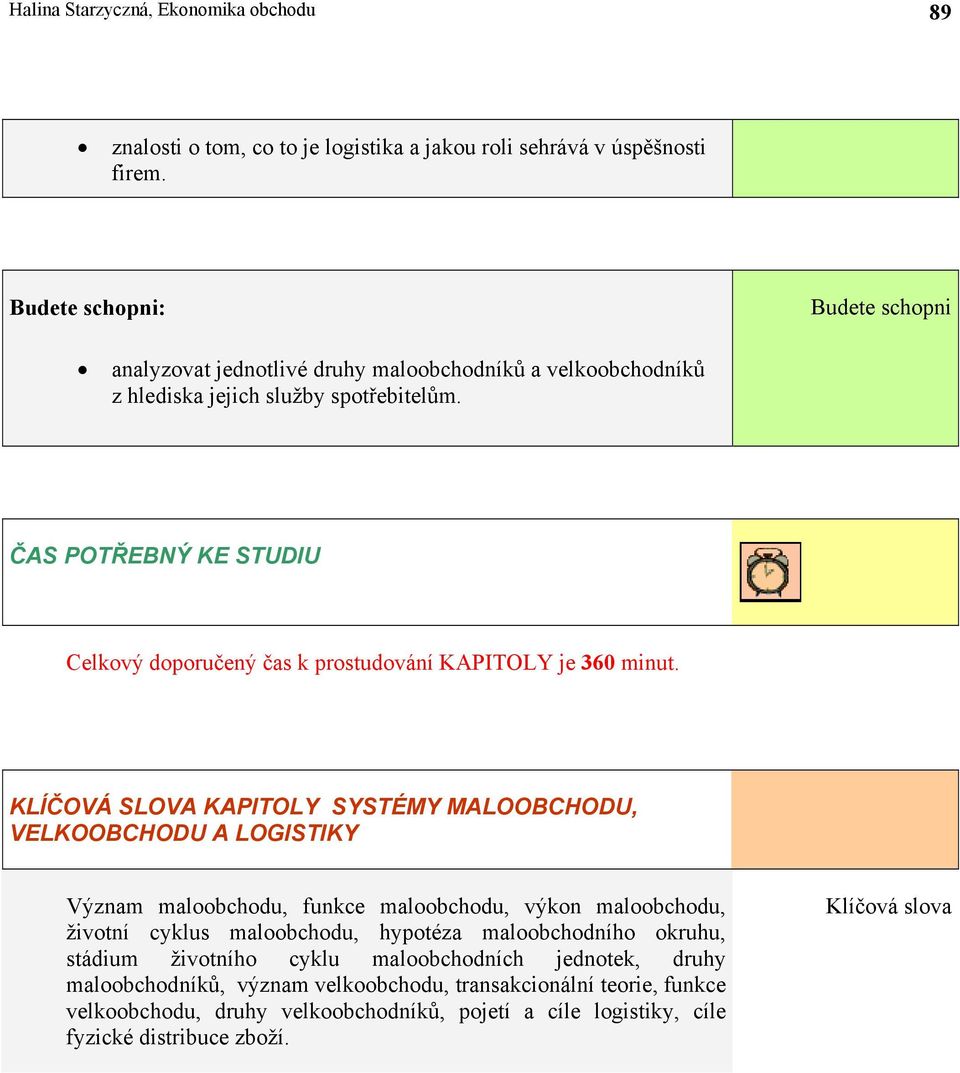 ČAS POTŘEBNÝ KE STUDIU Celkový doporučený čas k prostudování KAPITOLY je 360 minut.