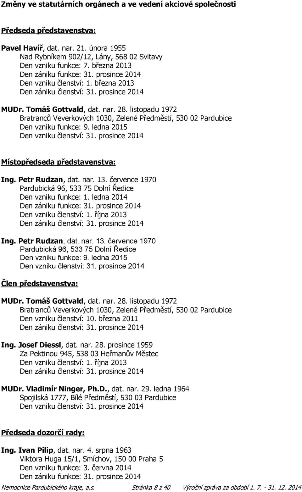 listopadu 1972 Bratranců Veverkových 1030, Zelené Předměstí, 530 02 Pardubice Den vzniku funkce: 9. ledna 2015 Den vzniku členství: 31. prosince 2014 Místopředseda představenstva: Ing.