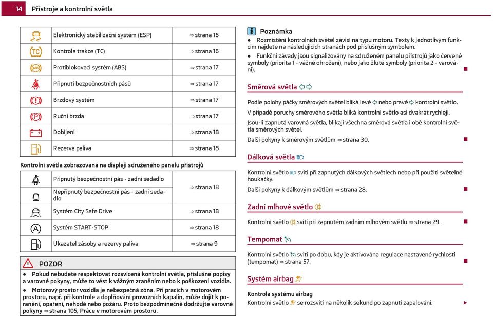 strana 18 Systém City Safe Drive strana 18 Systém START-STOP strana 18 Ukazatel zásoby a rezervy paliva strana 9 Pokud nebudete respektovat rozsvícená kontrolní světla, příslušné popisy a varovné