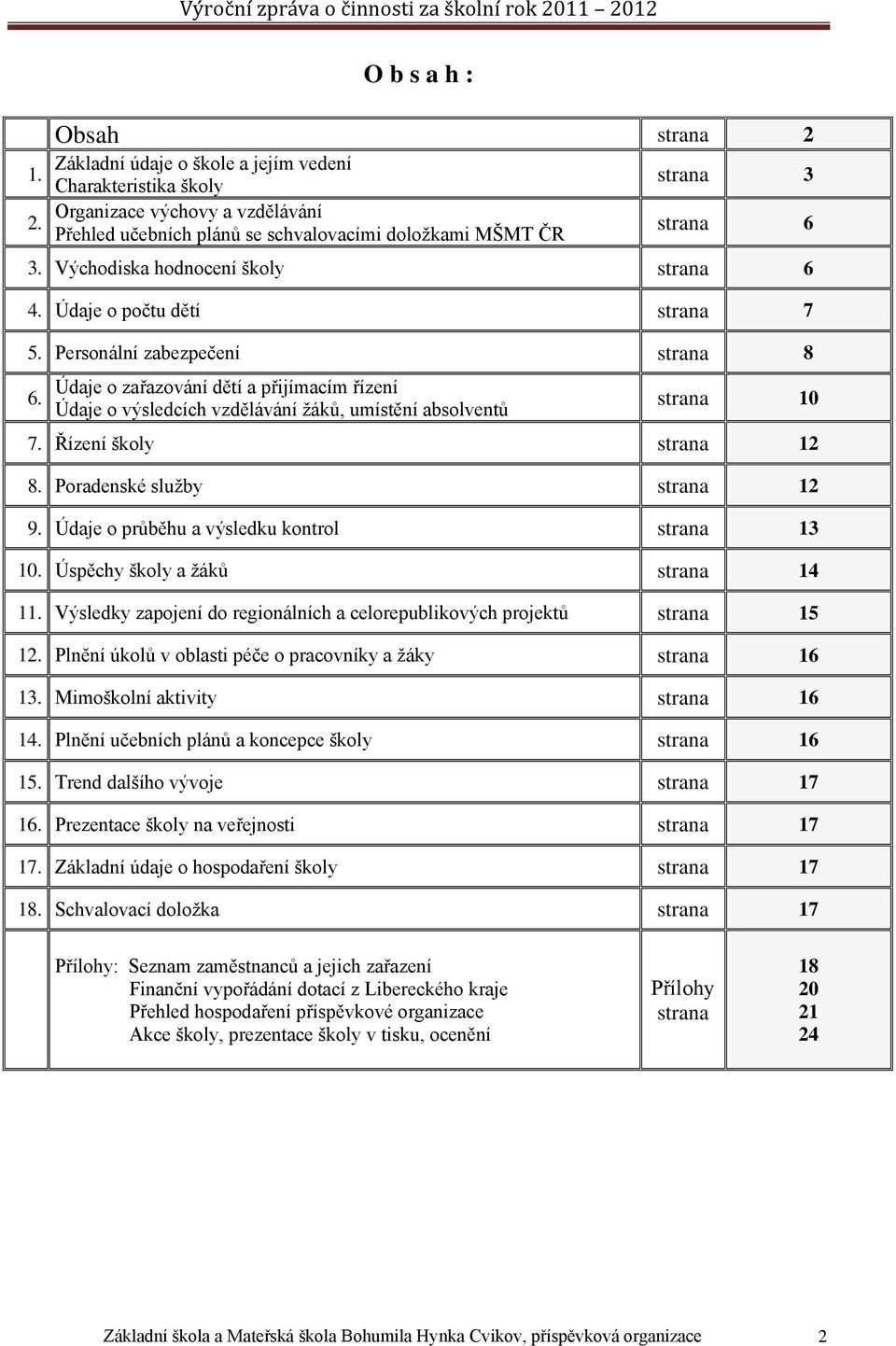 Údaje o zařazování dětí a přijímacím řízení Údaje o výsledcích vzdělávání žáků, umístění absolventů strana 10 7. Řízení školy strana 12 8. Poradenské služby strana 12 9.