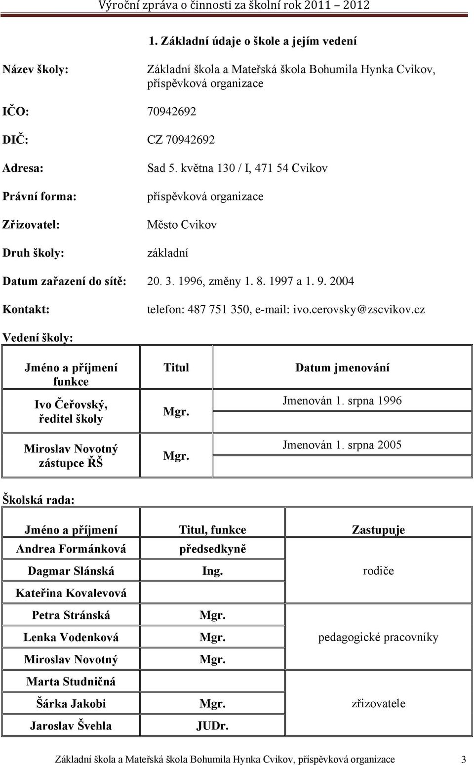 2004 Kontakt: telefon: 487 751 350, e-mail: ivo.cerovsky@zscvikov.cz Vedení školy: Jméno a příjmení funkce Ivo Čeřovský, ředitel školy Miroslav Novotný zástupce ŘŠ Titul Mgr.