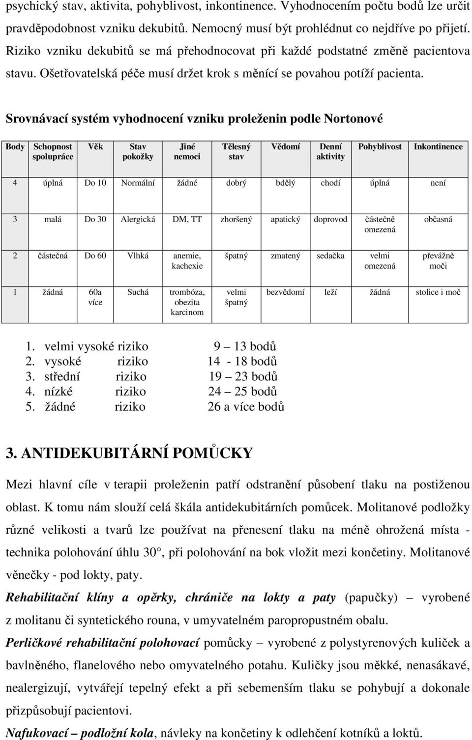 Srovnávací systém vyhodnocení vzniku proleženin podle Nortonové Body Schopnost spolupráce Věk Stav pokožky Jiné nemoci Tělesný stav Vědomí Denní aktivity Pohyblivost Inkontinence 4 úplná Do 10